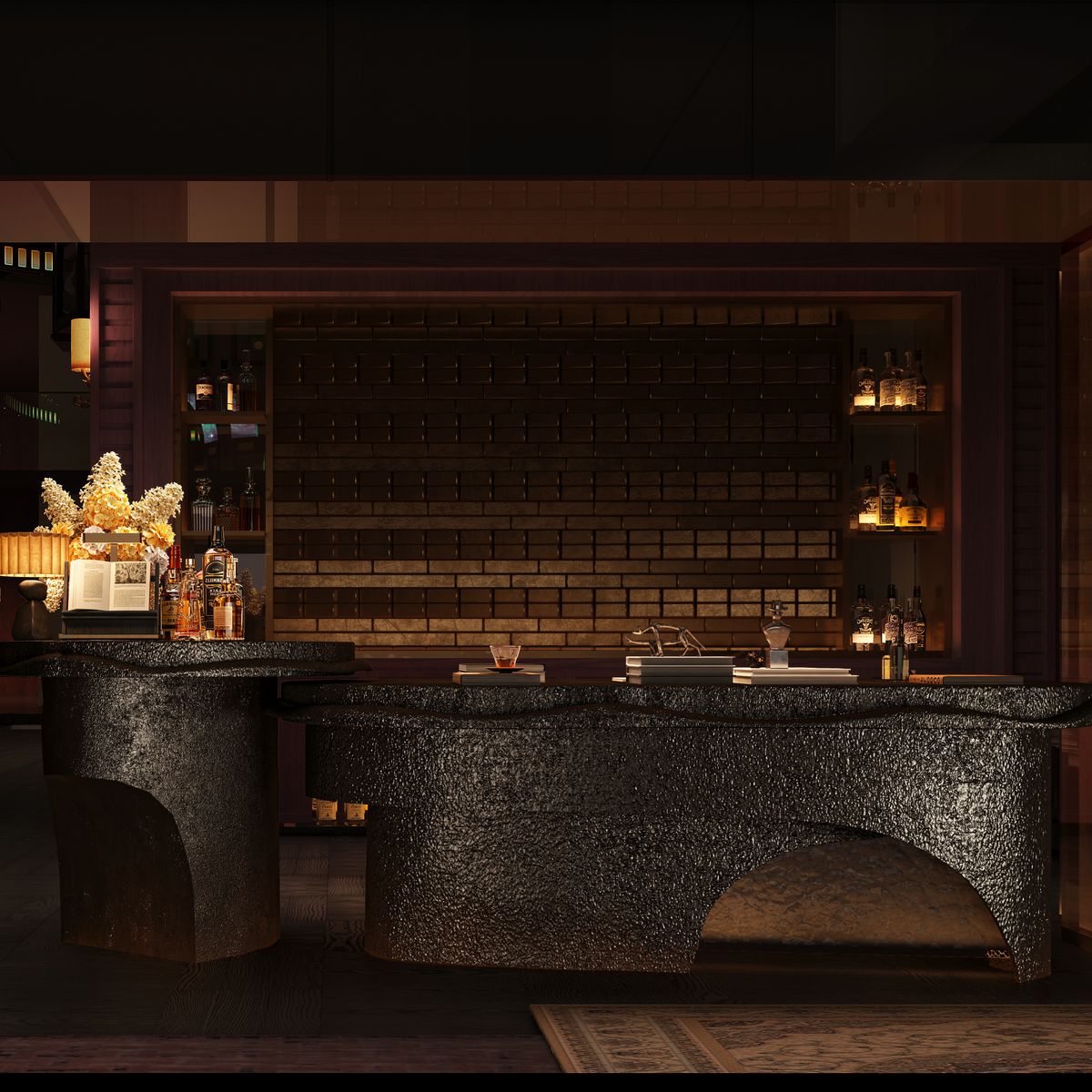 The arrival at VANTA, a sculpted reception desk in front of a softly lit bottle wall