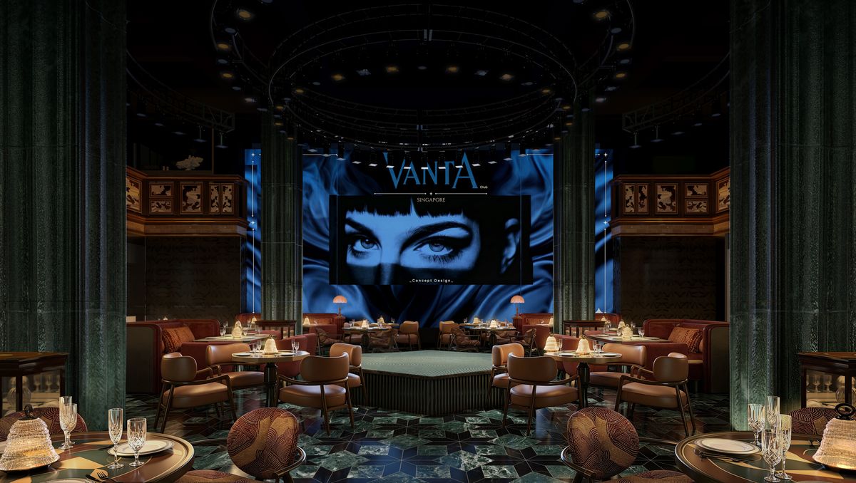The VANTA grand hall set for a members' evening, the club's name on the screen