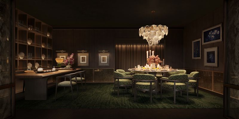 A large private room at VANTA, a round table set for dinner beneath a crystal chandelier