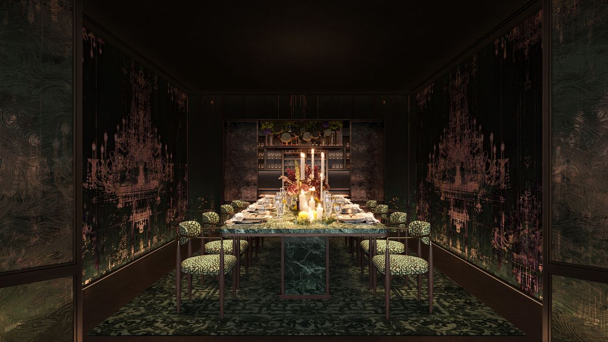 A private dining room at VANTA, a long candlelit table between mirrored chandelier panels