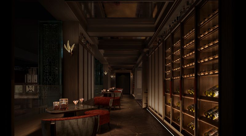 The wine terrace at VANTA, a corridor of lit wine cabinets beside low lounge seating